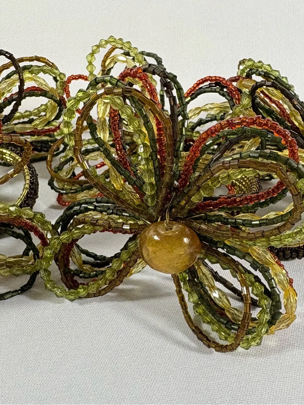 Set of 8 Pier 1 Beaded Flower Napkin Rings - Fall Boho Gold Green Thanksgiving